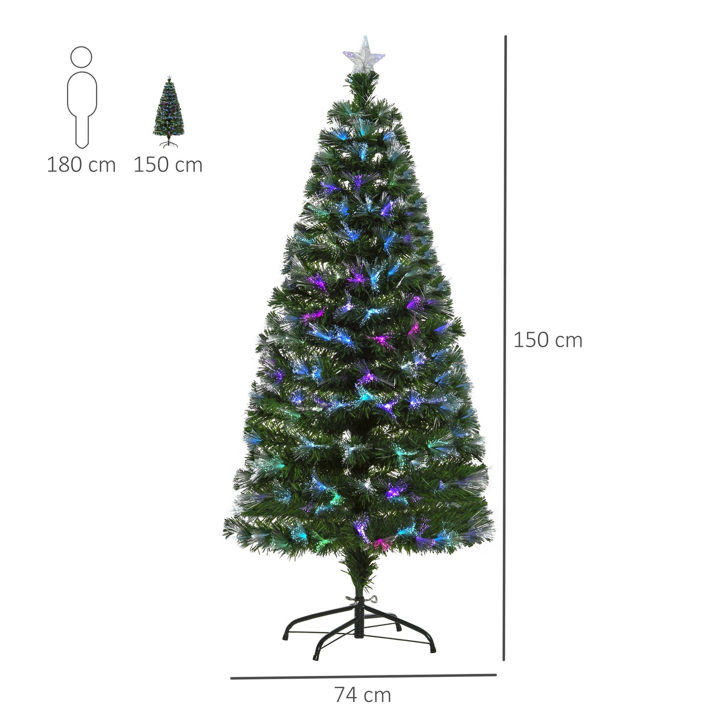 HOMCOM Árvore de Natal Artificial 150cm com 180 Ramos Luzes LED de Múltiplas Cores e Estrela Decorativa Ø74x150 cm Verde