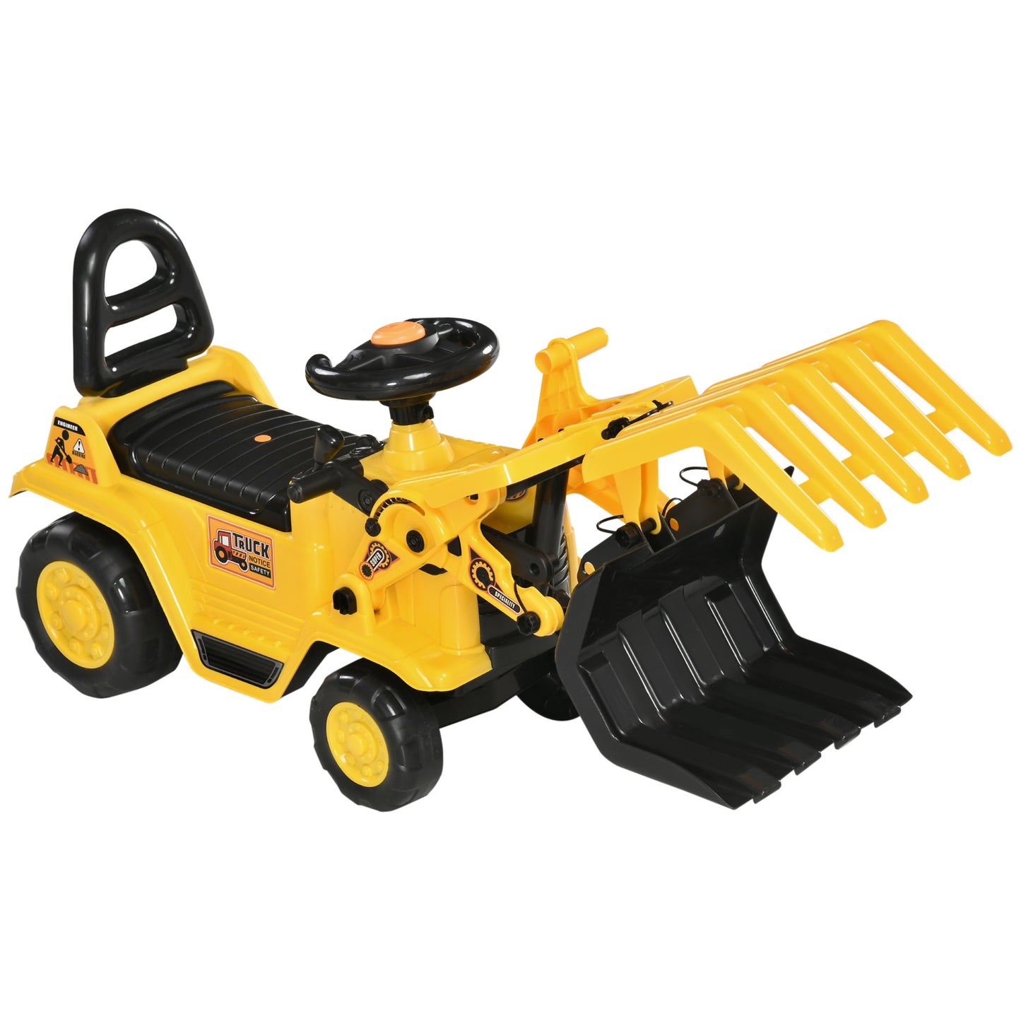 HOMCOM Carro Andador para Crianças acima de 3 Anos Escavadora Infantil com Pá Móvel Assento com Armazenamento Oculto e Buzina Carga Máxima 30kg 83x27x39cm Amarelo