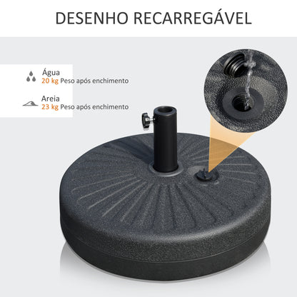 Outsunny Base de Chapéu de Sol de Jardim Recarregável de Água 22kg Suporte de Chapéu de Sol Redondo para Mastros de 38mm/48mm Portátil para Terraço Pátio Ø51x28cm Preto