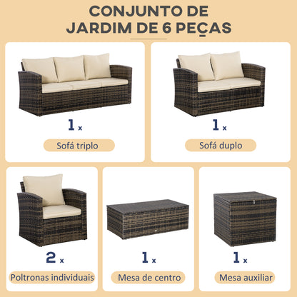 Outsunny Conjunto de Móveis de Jardim de Vime 6 Peças Sofá Duplo de 3 Lugares 2 Poltronas Individuais 2 Mesas Auxiliares com Armazenamento e Almofadas Marrom e Creme