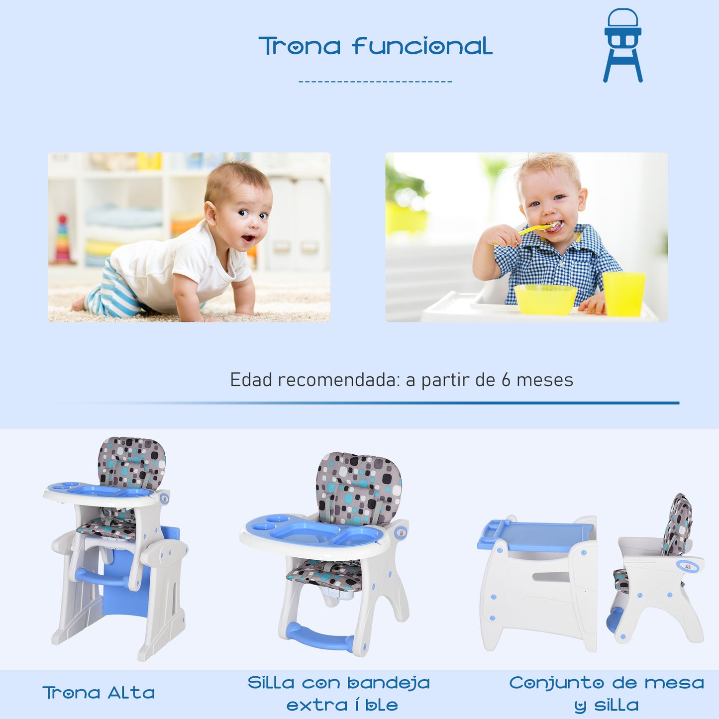 HOMCOM Cadeira para bebês 3 em 1 por mais de 6 mesesTransformar em mesa e cadeira multifuncional Ajustável em 3 posições Encosto acolchoado alto Com 2 bandejas removíveis 57x59x105 cm Azul