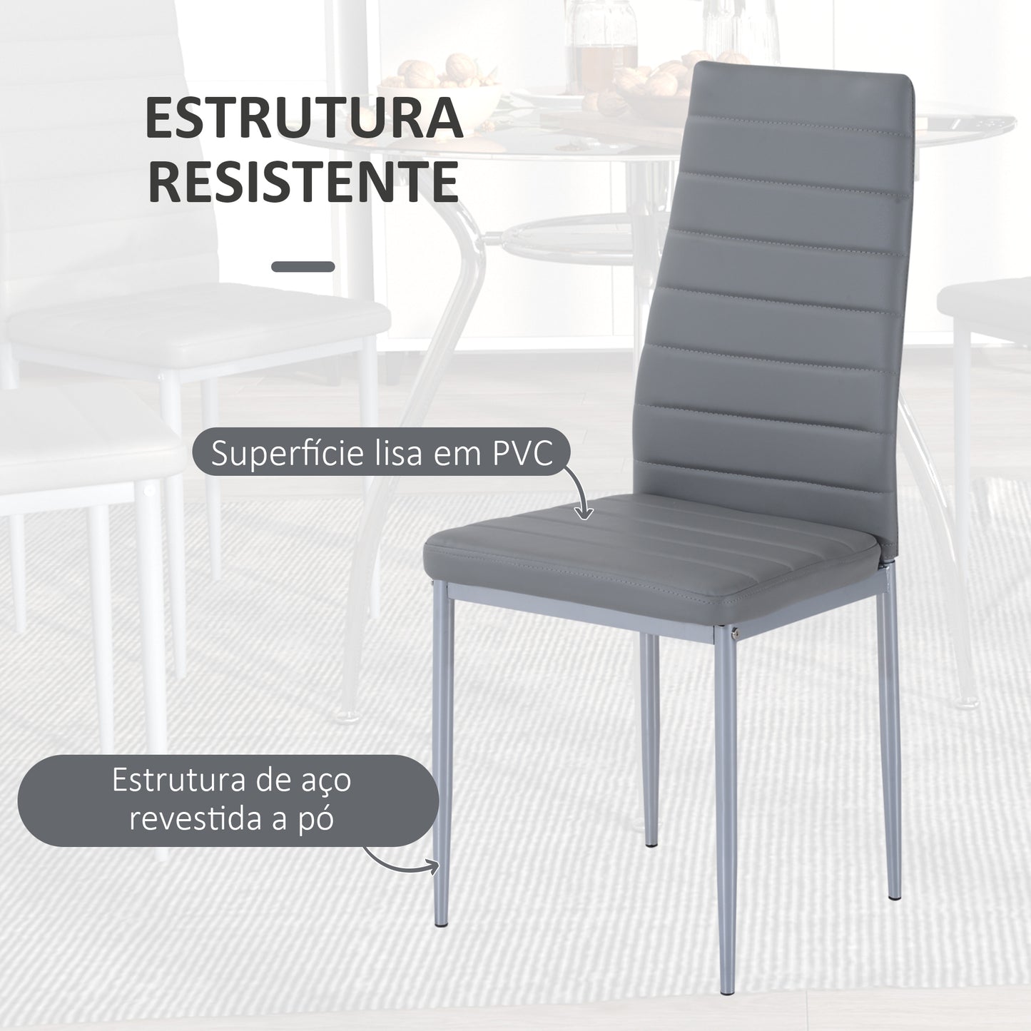 HOMCOM Conjunto de Refeição Mesa e 4 Cadeiras Conjunto de 5 Peças Mesa Redonda de Vidro Temperado Ø90x75 cm e 4 Cadeiras 42x52x96 cm com Pés de Aço Carga Máxima 120 kg Cinza