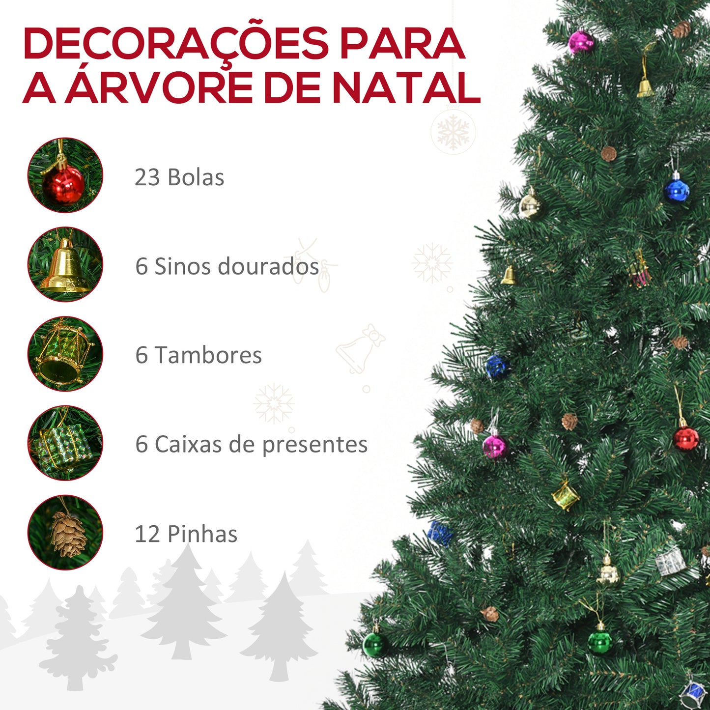 HOMCOM Árvore de Natal Artificial 210cm Ignífugo com 1036 Ramos 53 Decorações Folhas de PVC e Suporte Metálico Decoração de Natal para Interior Verde