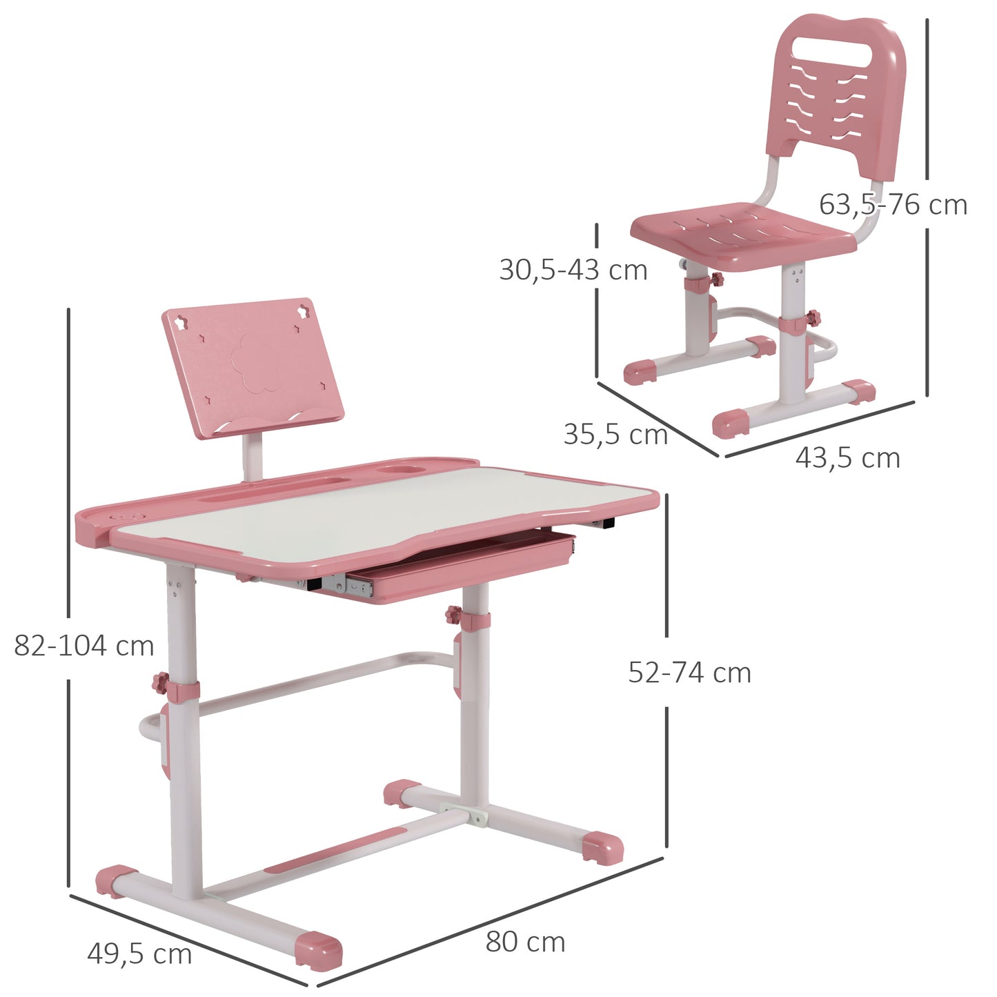 ZONEKIZ Conjunto de Secretária e Cadeira para Crianças de 6-12 Anos Secretária para Crianças com Altura Ajustável com 1 Gaveta Prateleira para Livros e Ângulo da Mesa Ajustável 80x49,5x82-104 cm Rosa