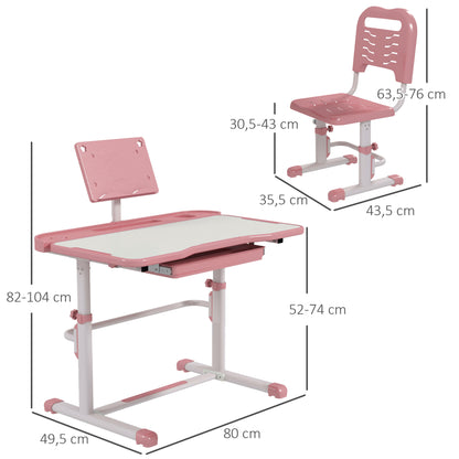 ZONEKIZ Conjunto de Secretária e Cadeira para Crianças de 6-12 Anos Secretária para Crianças com Altura Ajustável com 1 Gaveta Prateleira para Livros e Ângulo da Mesa Ajustável 80x49,5x82-104 cm Rosa