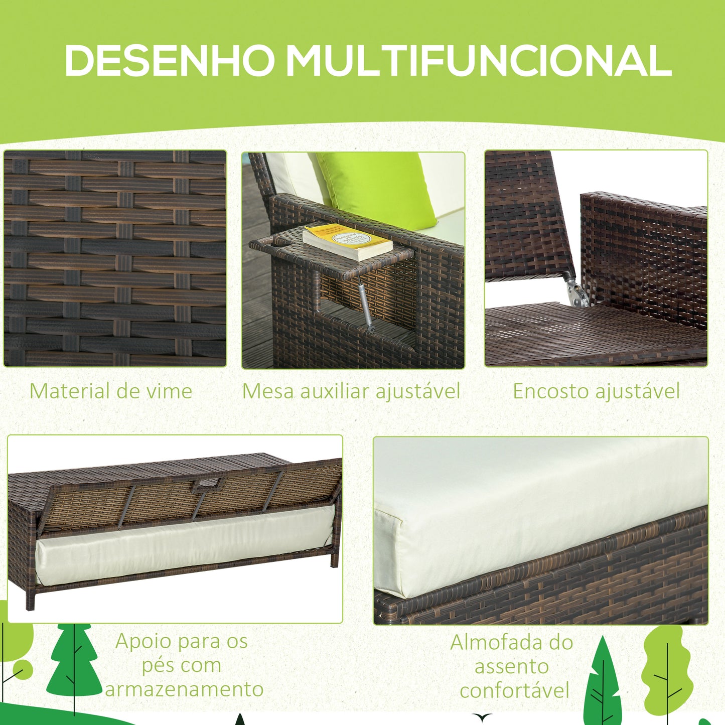 Outsunny Sofá de Vime de 2 Lugares com Mesas Laterais e Apoio para os Pés com Armazenamento Sofá de Jardim com Encosto Inclinável e Almofadas com Capas Removíveis 130x72x96cm Marrom e Bege