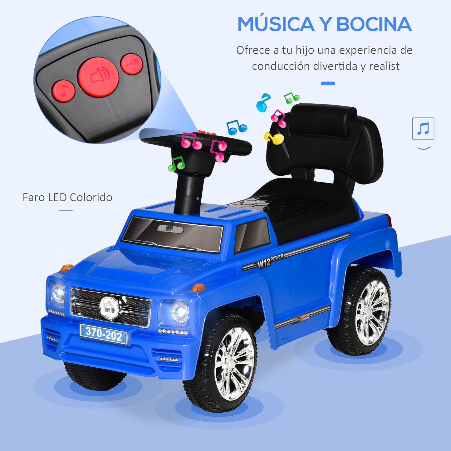 HOMCOM Carro Andador para Bebé de 18-36 Meses Carro sem Pedais com Faróis Música Buzina Compartimento de Armazenamento e Encosto Alto 68x30,5x41,5cm Azul