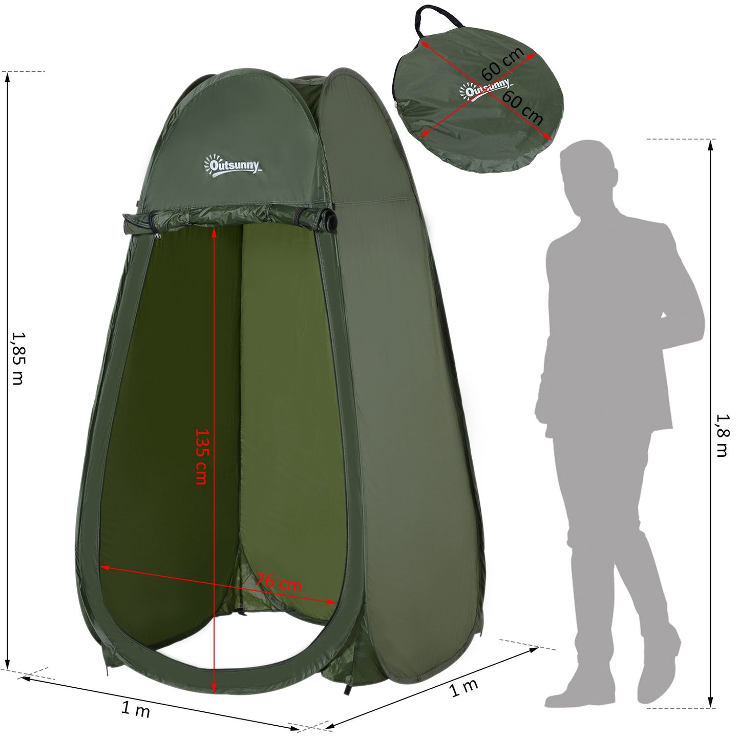 Outsunny Tenda de Duche para Campismo Dobrável Pop UP Tenda de Privacidade com proteção UV e Tecido Impermeável 100x100x185cm Verde Escuro