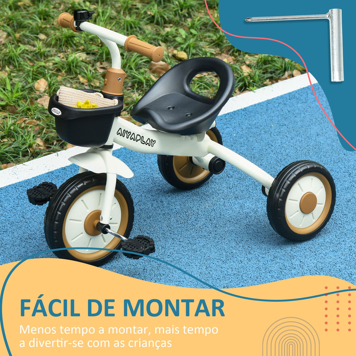 AIYAPLAY Triciclo para Crianças de 2 a 5 anos Triciclo Infantil com Assento Ajustável Cesta Buzina e Pedais e 3 Rodas Carga Máxima 25 kg 70,5x50x58 cm Bege e Marrom