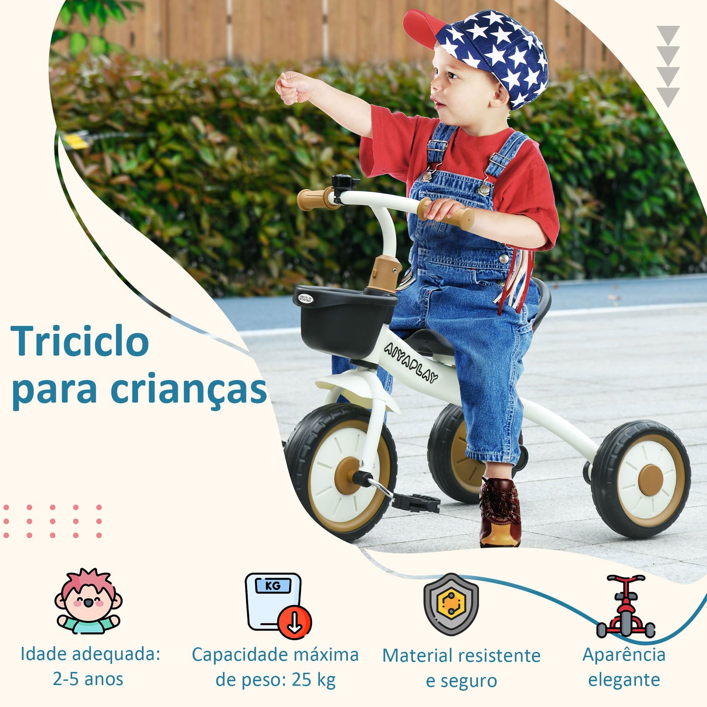 AIYAPLAY Triciclo para Crianças de 2 a 5 anos Triciclo Infantil com Assento Ajustável Cesta Buzina e Pedais e 3 Rodas Carga Máxima 25 kg 70,5x50x58 cm Bege e Marrom