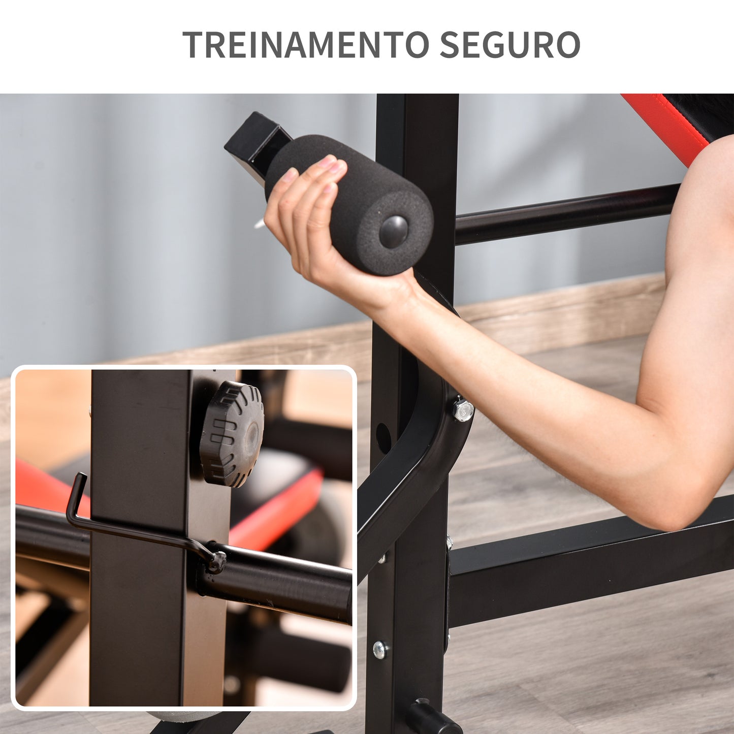 Banco de Pesos Multifuncional Banco de Musculação com Encosto Ajustável Suporte de Barras para Fitness Treinamento Completo 105x150x112cm Preto