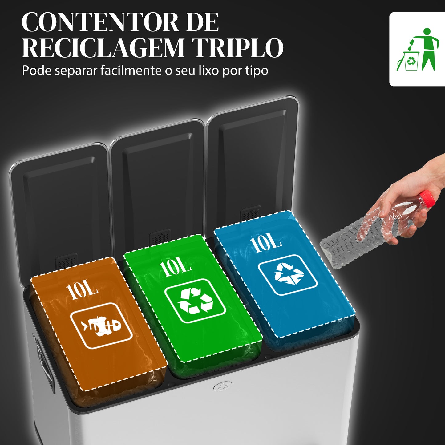 HOMCOM Balde de Lixo de Cozinha com 3 Compartimentos 3x10L Cubo de Lixo de Aço Inoxidável com Pedais Tampas com Fechamento Suave e Cubo Amovível para Escritório Cozinha Prata