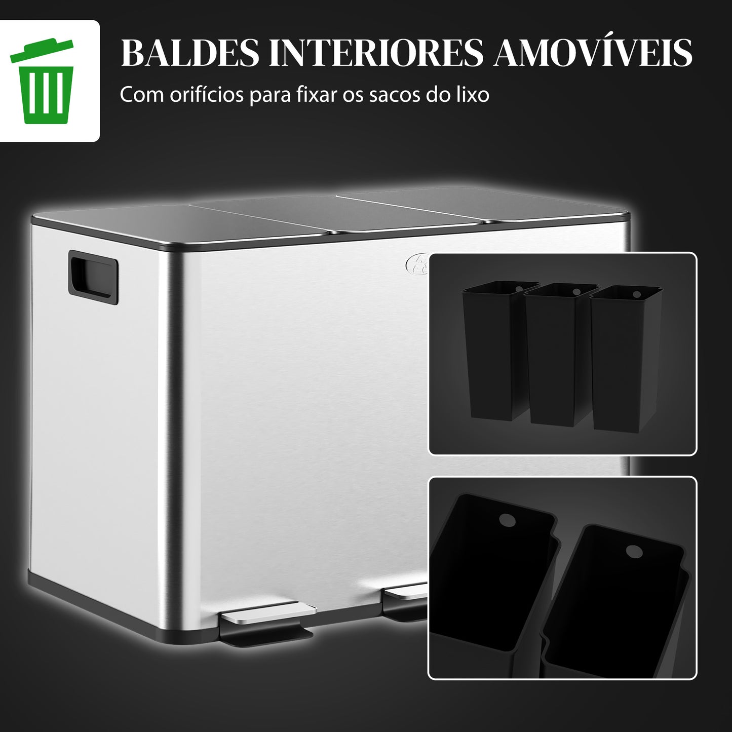 HOMCOM Balde de Lixo de Cozinha com 3 Compartimentos 3x10L Cubo de Lixo de Aço Inoxidável com Pedais Tampas com Fechamento Suave e Cubo Amovível para Escritório Cozinha Prata