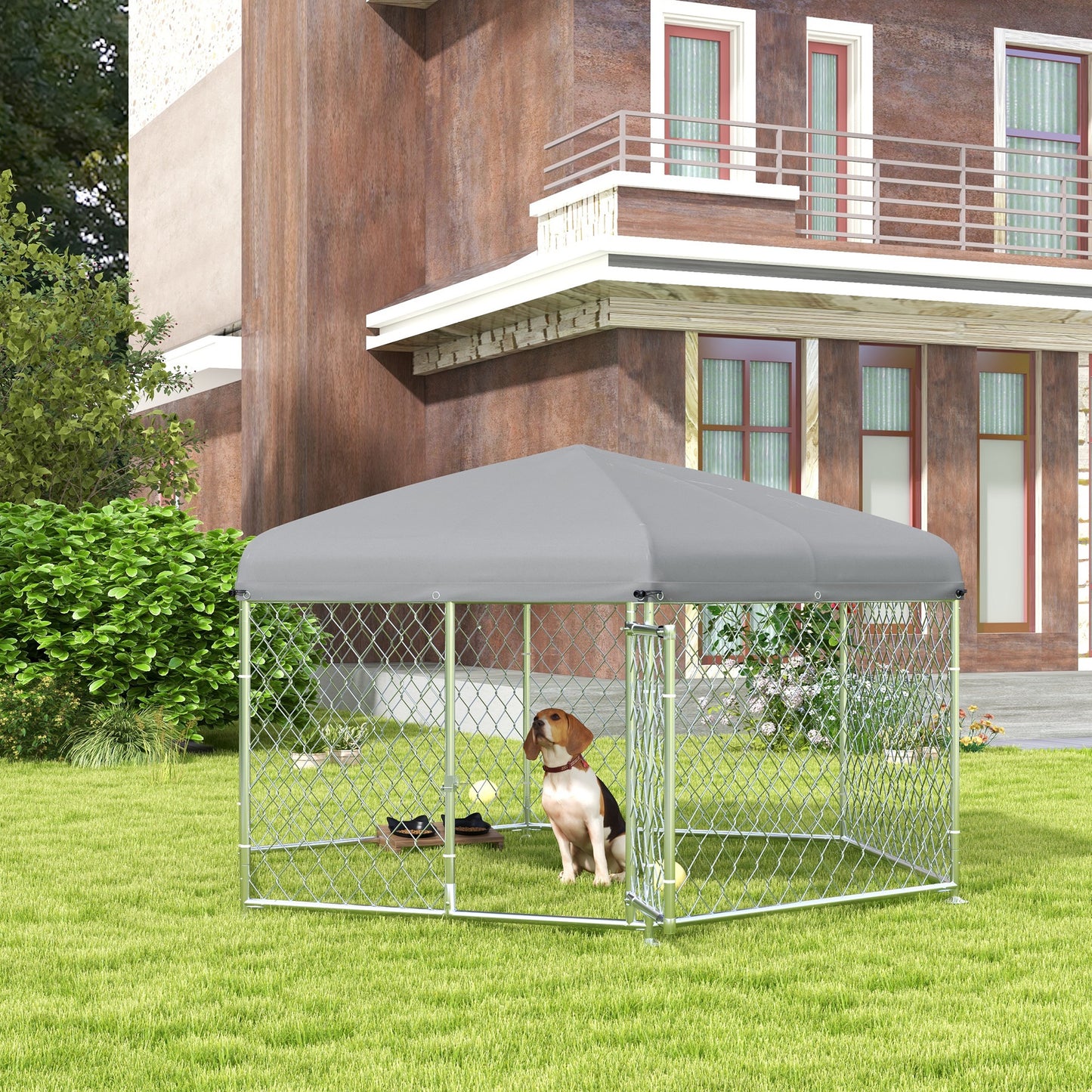 PawHut Canil de Exterior Hexagonal Gaiola para Cães com Porta Estrutura de Aço Galvanizado e Toldo Impermeável e Anti-UV 210x185x150 cm Prata