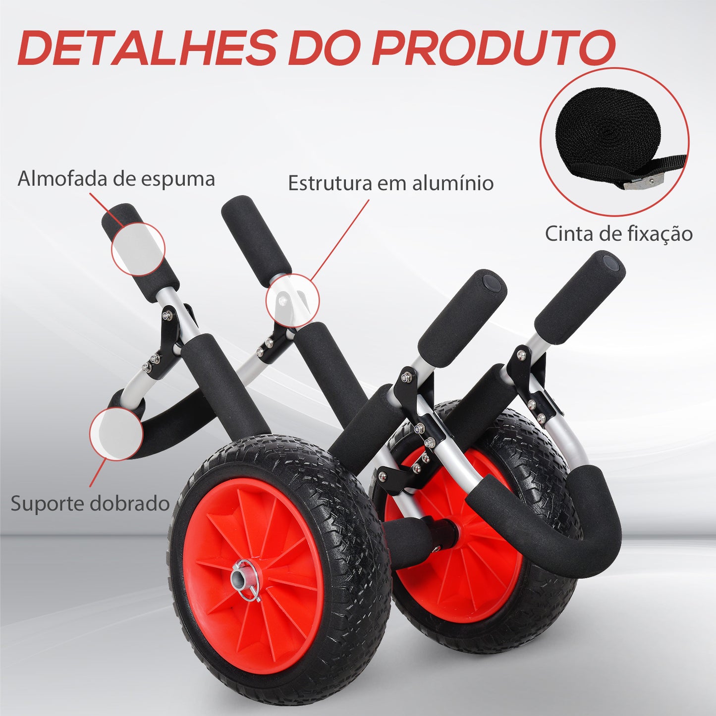 HOMCOM Carrinho de Transporte para Prancha de Surf Carrinho de Transporte Dobrável com 2 Rodas Carga Máxima 45 kg e Estrutura de Alumínio para Prancha de Surf com Espessura Inferior a 12,5 cm 64x55x38,5 cm Preto e Vermelho