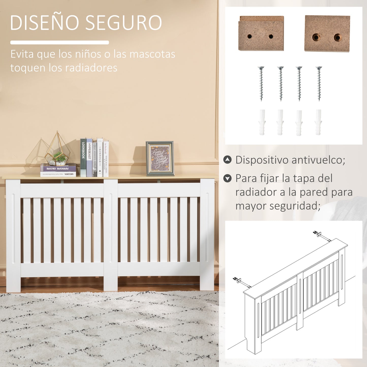 HOMCOM Cobertura Radiador 152x19x83cm Cobertura Radiador de MDF e Melamina com Dispositivo Anti-Rolamento Desenho Moderno para Sala de Estar Dormitório Branco