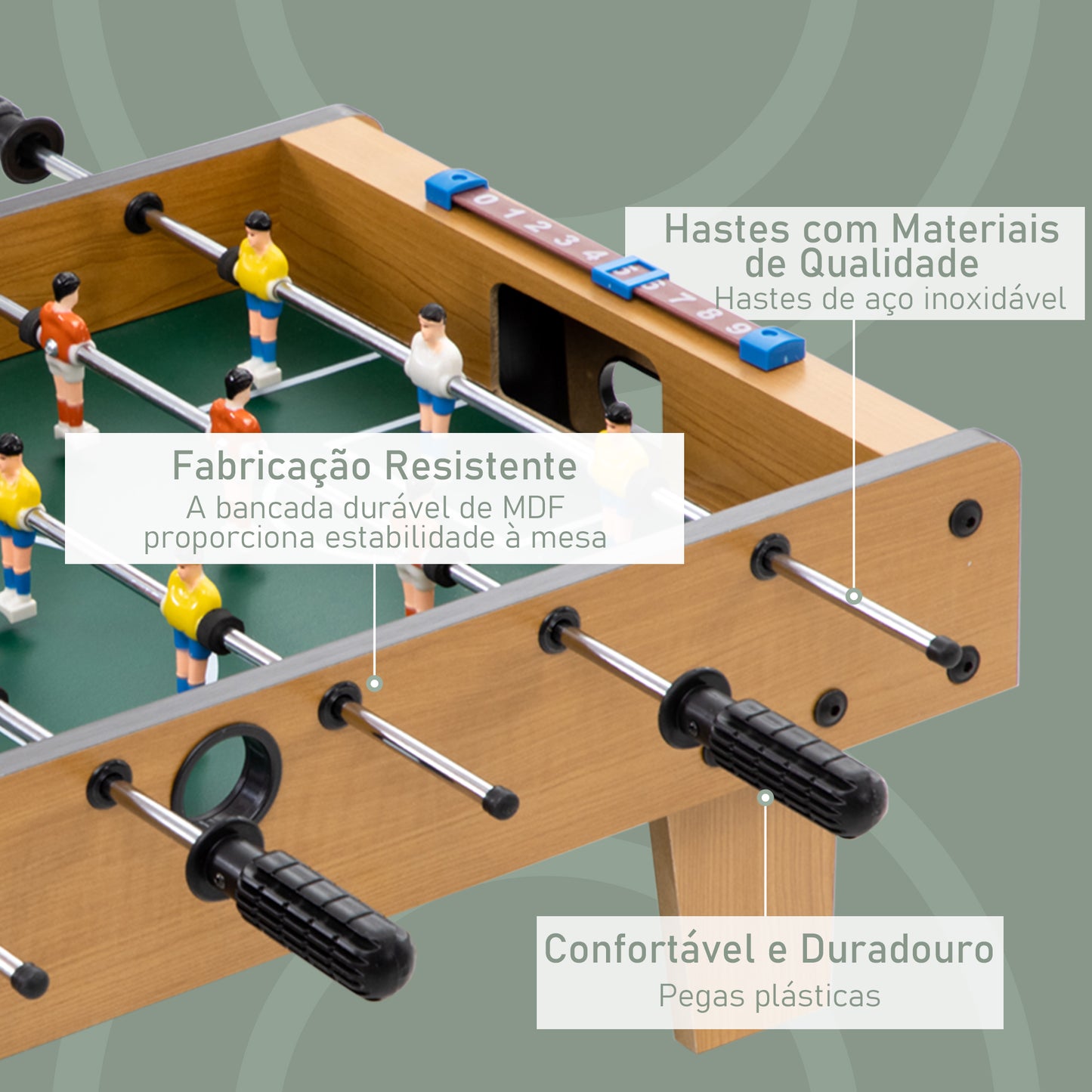 HOMCOM Matraquilho de Mesa para Crianças acima de 6 Anos Jogo de Mesa de Futbol de Madeira com 2 Bolas 6 Varas 2 Marcadores de Pontos 18 Jogadores 69x36,5x22cm Madeira