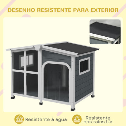 PawHut Casa para Cães de Madeira 101x66,5x70,5cm Casa para Animais de Estimação com Teto Abatível Frontal de Acrílico Porta com Cortina e Fundo Amovível Cinza Escuro