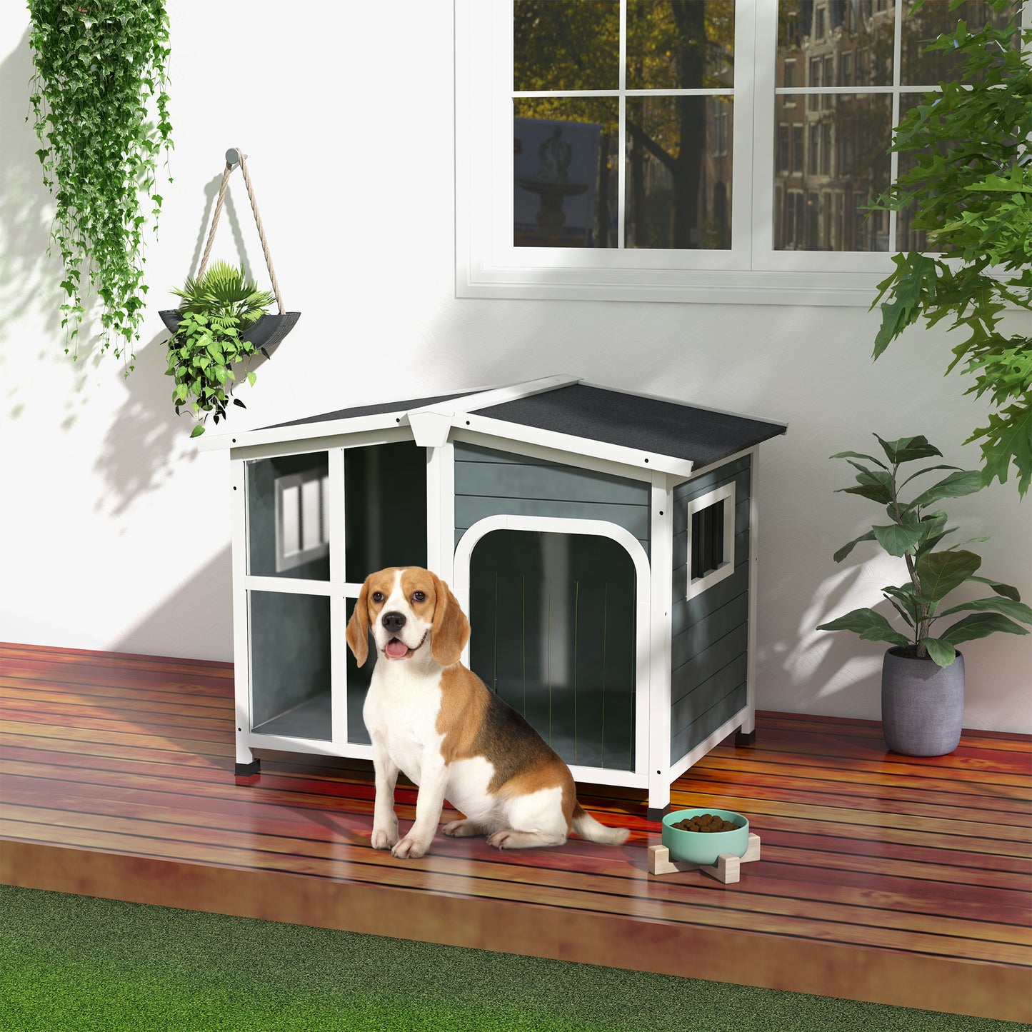 PawHut Casa para Cães de Madeira 101x66,5x70,5cm Casa para Animais de Estimação com Teto Abatível Frontal de Acrílico Porta com Cortina e Fundo Amovível Cinza Escuro