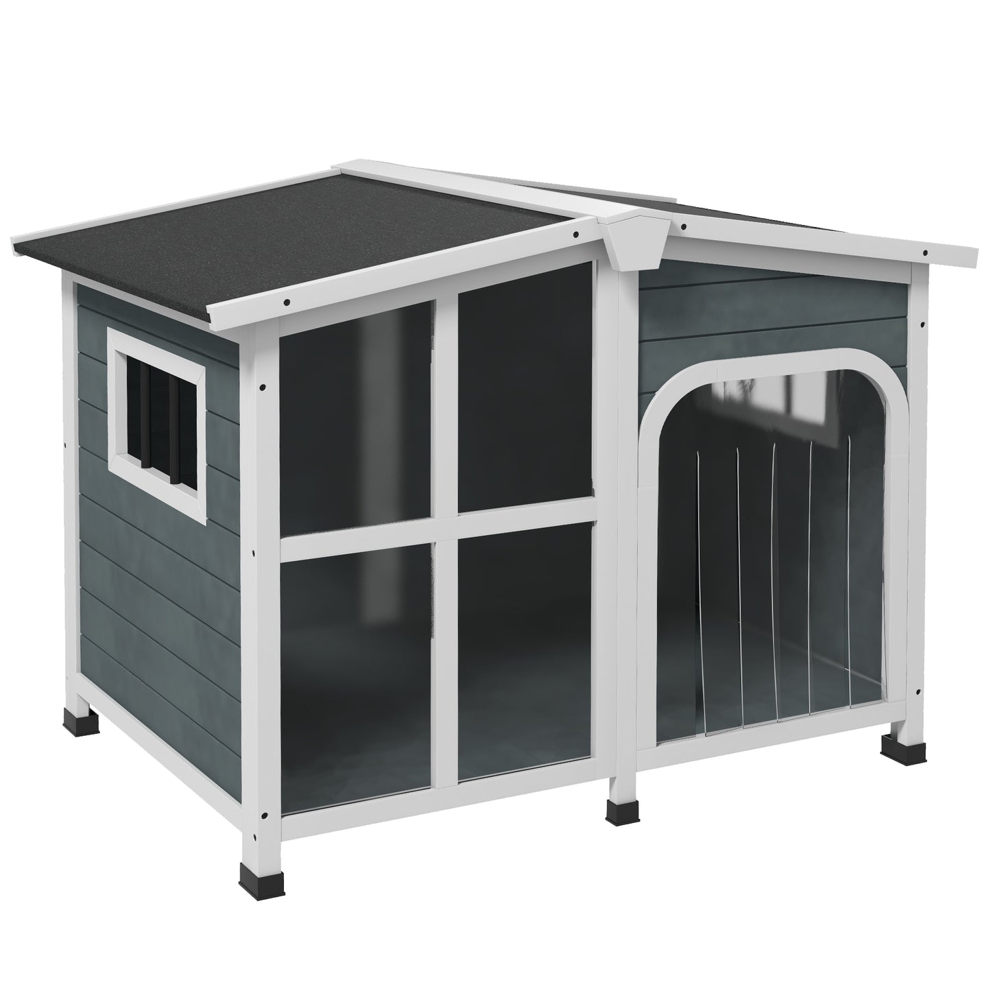 PawHut Casa para Cães de Madeira 101x66,5x70,5cm Casa para Animais de Estimação com Teto Abatível Frontal de Acrílico Porta com Cortina e Fundo Amovível Cinza Escuro