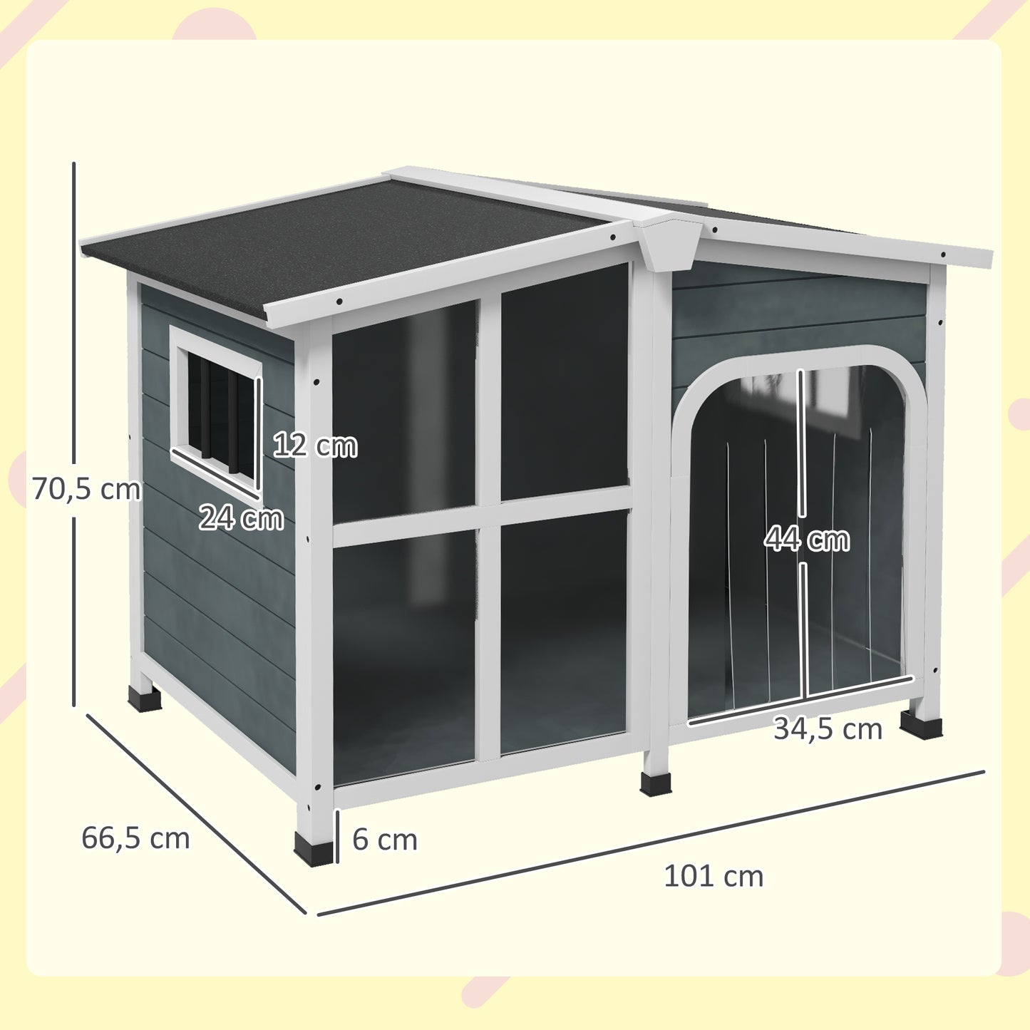 PawHut Casa para Cães de Madeira 101x66,5x70,5cm Casa para Animais de Estimação com Teto Abatível Frontal de Acrílico Porta com Cortina e Fundo Amovível Cinza Escuro