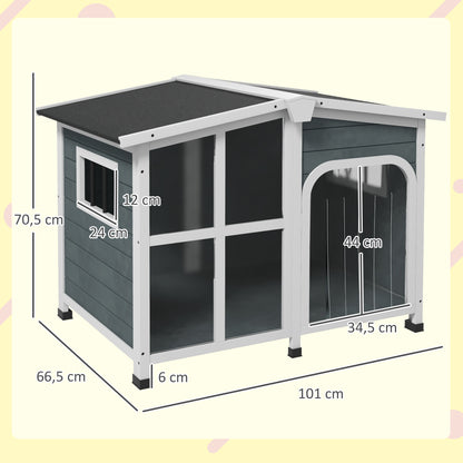 PawHut Casa para Cães de Madeira 101x66,5x70,5cm Casa para Animais de Estimação com Teto Abatível Frontal de Acrílico Porta com Cortina e Fundo Amovível Cinza Escuro