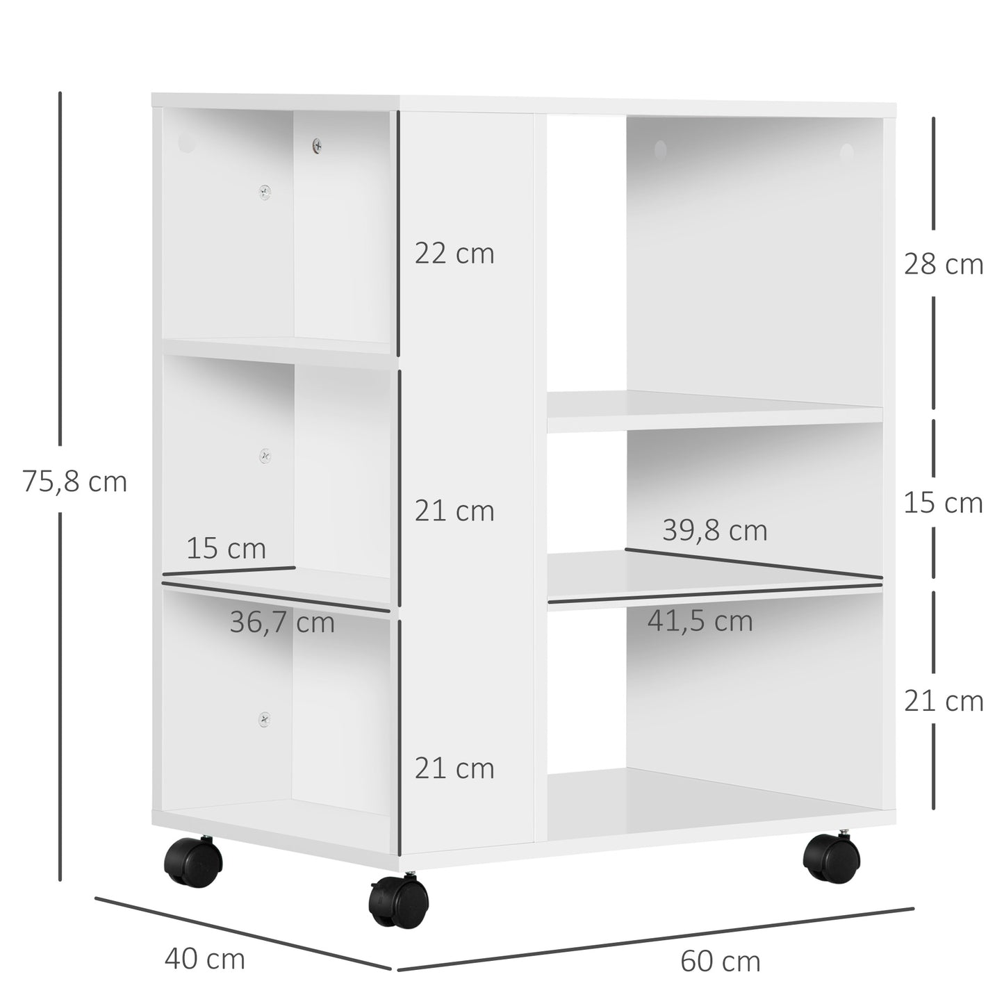 Vinsetto Armário para Impressora Móvel Auxiliar de Escritório com Rodas 3 Prateleiras Laterais e 3 Prateleiras Abertas Carga Máxima 30kg para Dormitório Sala de Estar Cozinha 60x40x75,8cm Branco