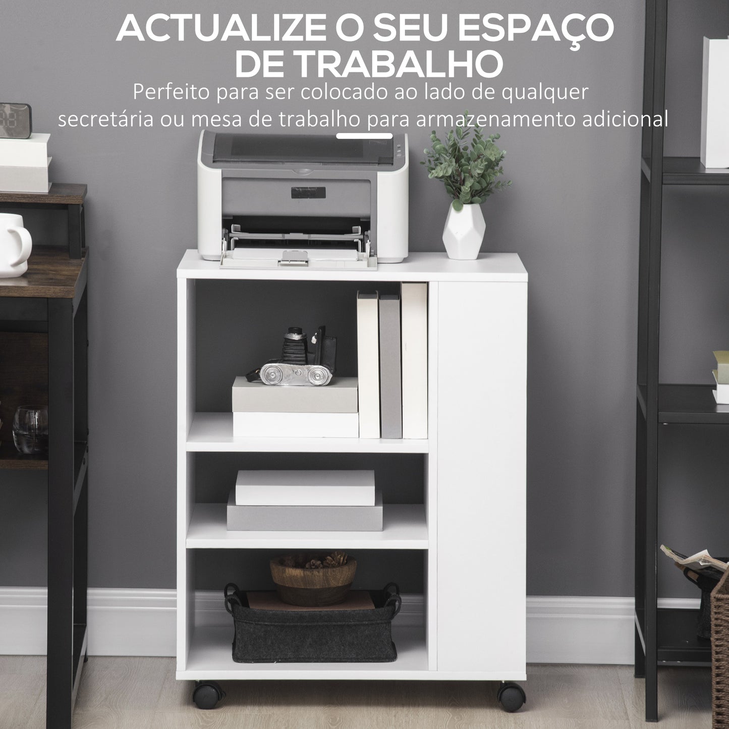 Vinsetto Armário para Impressora Móvel Auxiliar de Escritório com Rodas 3 Prateleiras Laterais e 3 Prateleiras Abertas Carga Máxima 30kg para Dormitório Sala de Estar Cozinha 60x40x75,8cm Branco