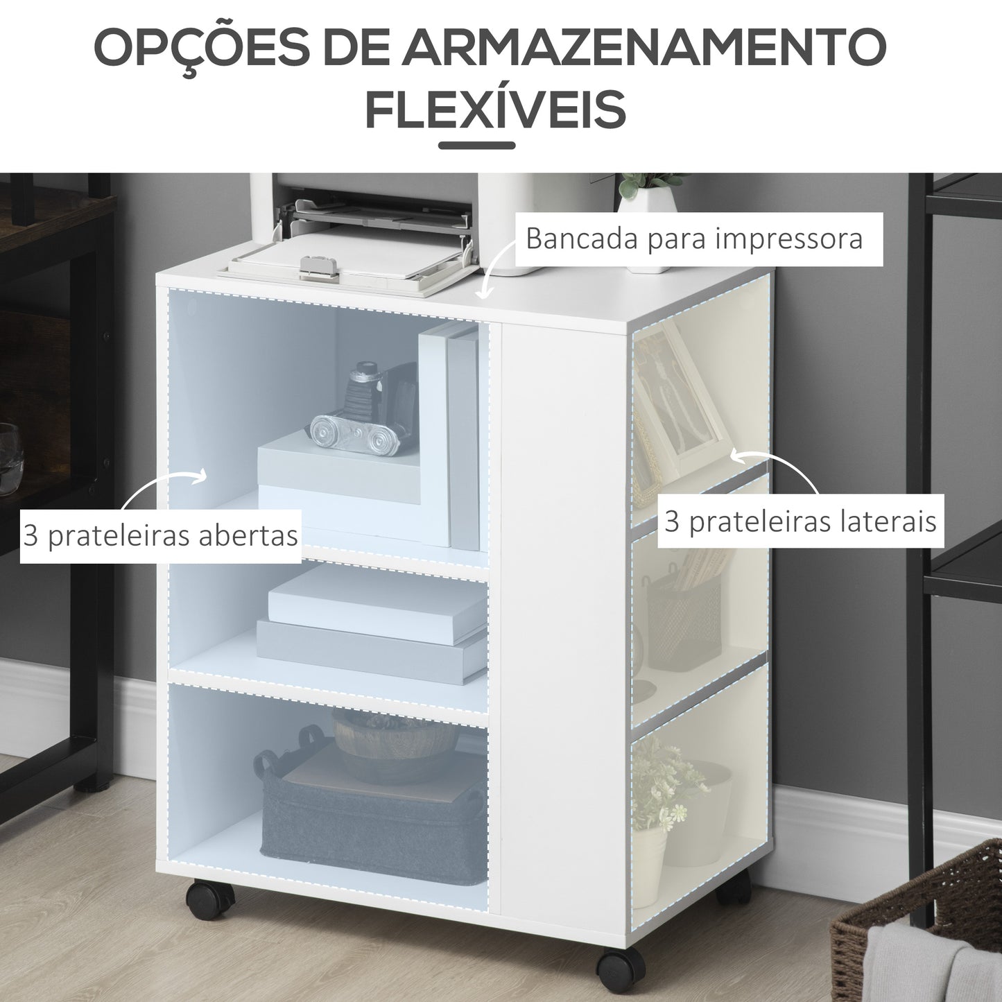 Vinsetto Armário para Impressora Móvel Auxiliar de Escritório com Rodas 3 Prateleiras Laterais e 3 Prateleiras Abertas Carga Máxima 30kg para Dormitório Sala de Estar Cozinha 60x40x75,8cm Branco