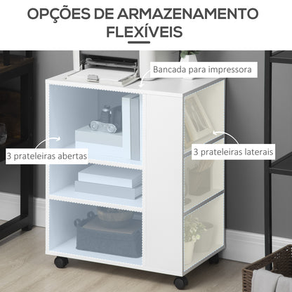 Vinsetto Armário para Impressora Móvel Auxiliar de Escritório com Rodas 3 Prateleiras Laterais e 3 Prateleiras Abertas Carga Máxima 30kg para Dormitório Sala de Estar Cozinha 60x40x75,8cm Branco