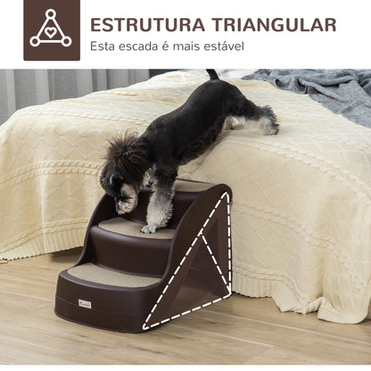 PawHut Escada para Cães de 3 Degraus Dobrável Escada de Plástico para Animais de Estimação com Tapetes Antiderrapantes para Cama Sofá Carga 15kg 49x38x38 cm Marrom