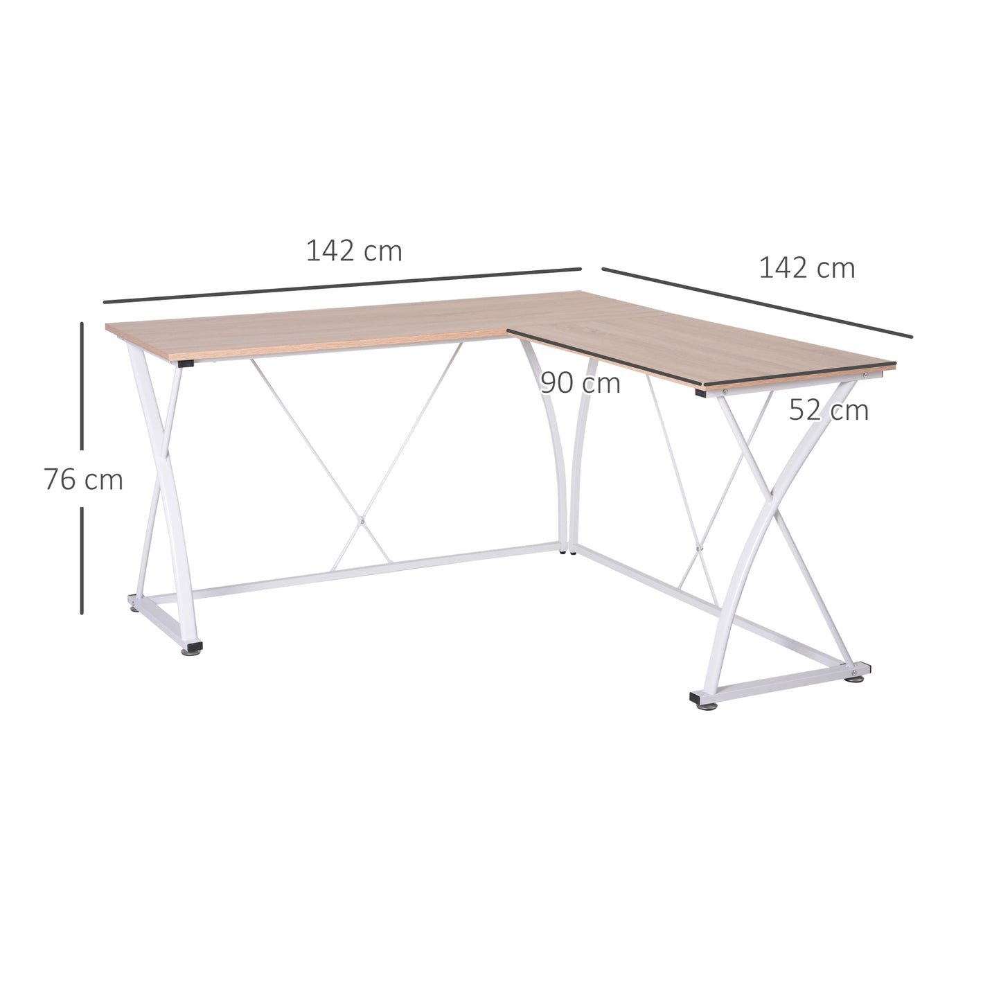 Vinsetto Secretária de Canto Mesa de Computador em Forma de L com Estrutura de Aço 142x142x76cm Natural e Branco