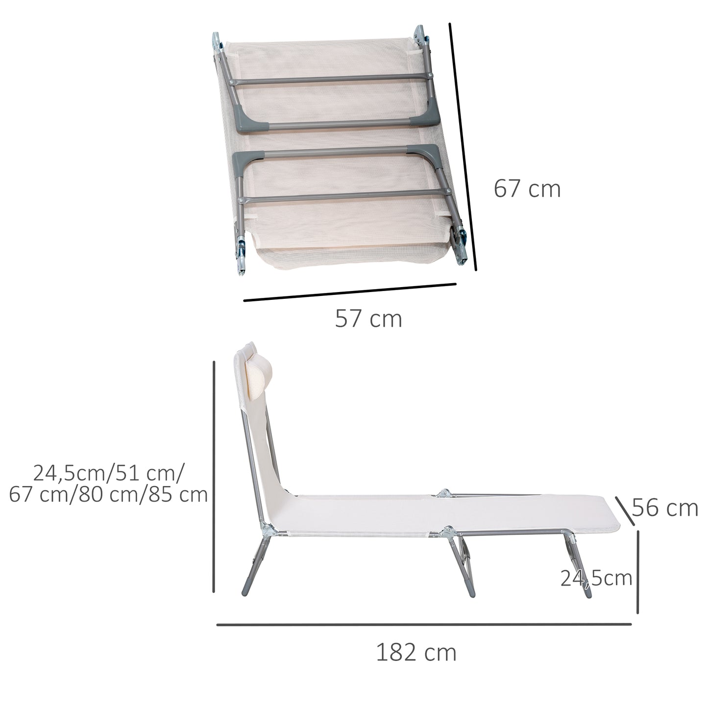 Outsunny Conjunto de 2 Espreguiçadeiras Dobráveis e Reclináveis de Jardim com Apoio para a Cabeça e Encosto Ajustável em 5 Posições Carga 120 kg para Praia Varanda 182x56x24,5 cm Creme