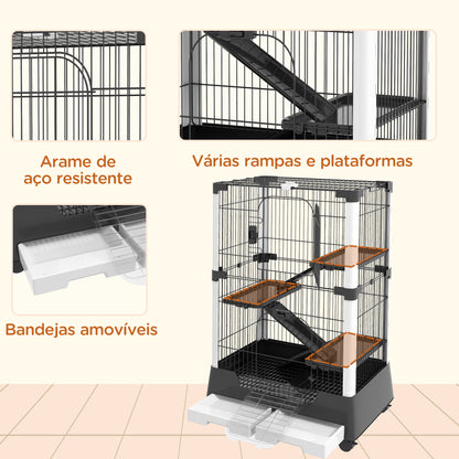 PawHut Gaiola para Animais Pequenos com Rodas 114x75x50 cm Gaiola para Animais com 3 Plataformas 3 Rampas Bandejas Amovíveis para Furão Coelhos Preto