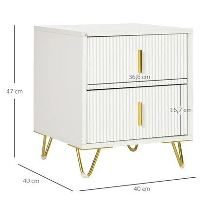 HOMCOM Conjunto de 2 Mesas de Cabeceira Modernas Mesinhas de Cabeceira com 2 Gavetas e Pés de Metal Suporta 40 kg Mesas Auxiliares para Sala Quarto 40x40x47 cm Branco