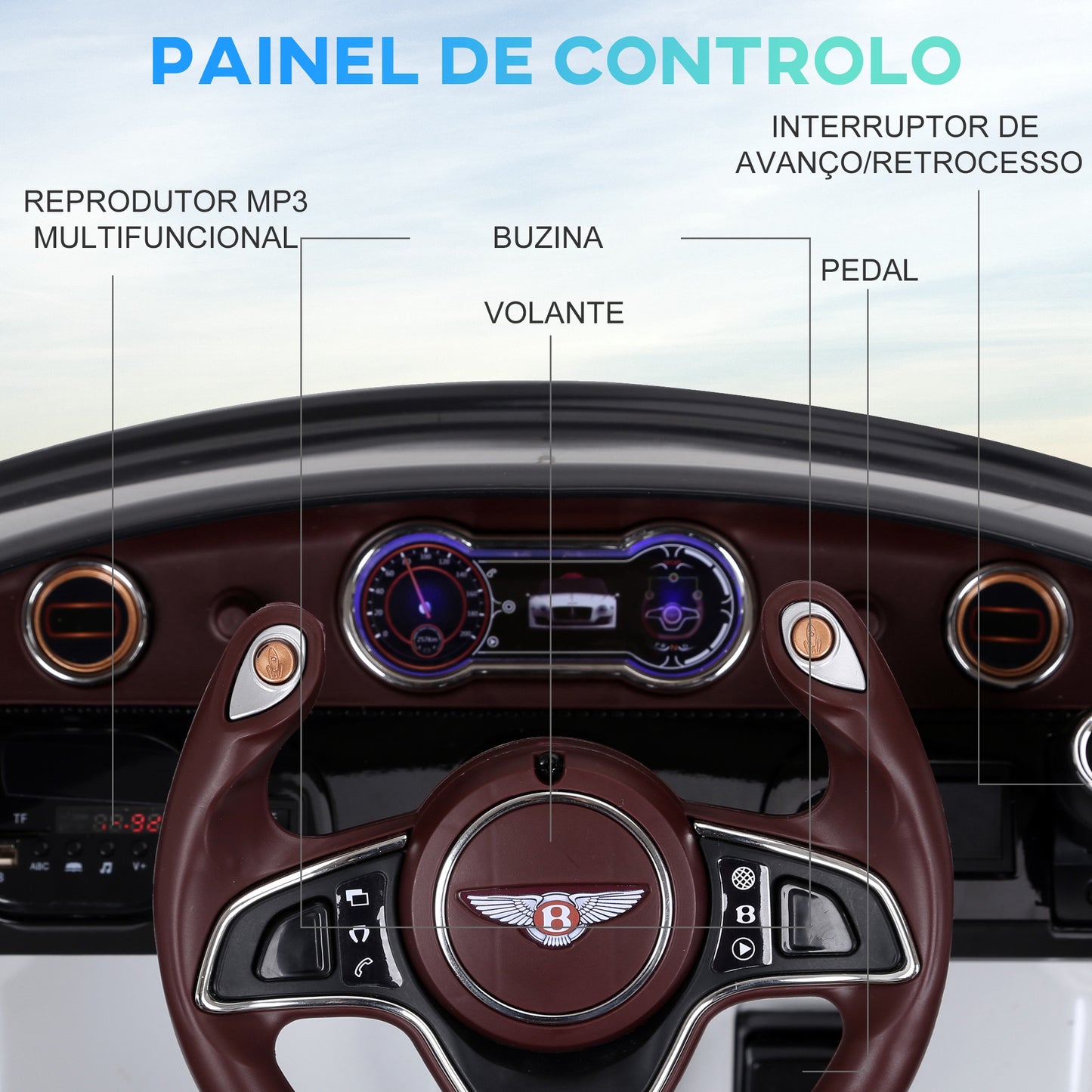 HomCom Carro elétrico com controle remoto 2 velocidades com faróis musica licencia de Bentley GT para crianças acima de 3 anos 108x60x43 cm Branco