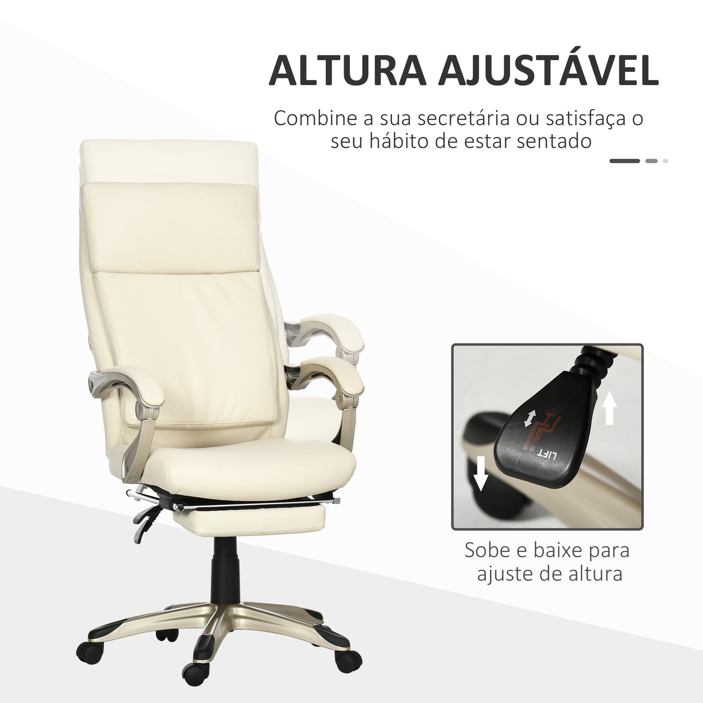 Vinsetto Cadeira de Escritório Ergonômica Cadeira de Escritório Reclinável Estofada em PU com Altura Ajustável Giratória e Apoio para os Pés Retrátil para Escritório Estúdio 60,5x67x111-121cm Branco