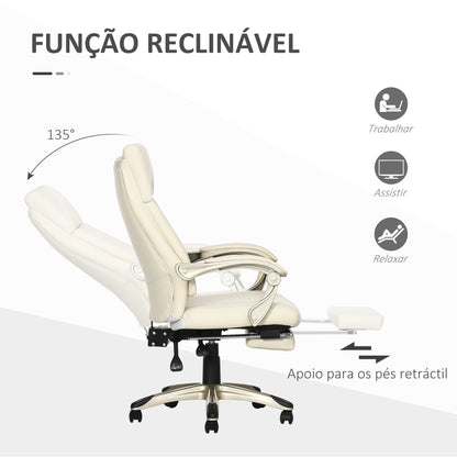 Vinsetto Cadeira de Escritório Ergonômica Cadeira de Escritório Reclinável Estofada em PU com Altura Ajustável Giratória e Apoio para os Pés Retrátil para Escritório Estúdio 60,5x67x111-121cm Branco