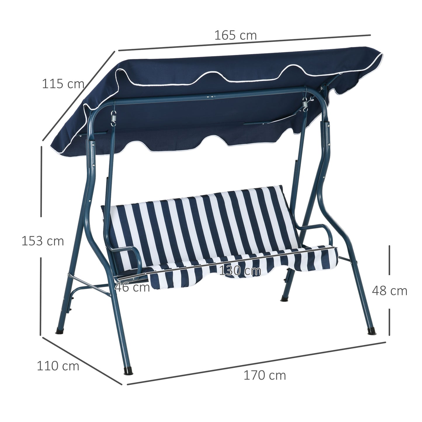 Outsunny Baloiço de Jardim de 2-3 Lugares com Estrutura de Metal Almofada Toldo Ajustável Balcão Terraço Patio Capacidade 240kg 170x110x153cm Azul e Branco