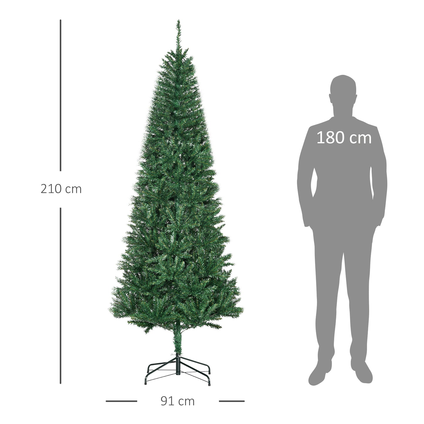 HOMCOM Árvore de Natal Artificial 210cm com 865 Ramos Ecológicos Decoração de Natal para Interiores Φ91x210cm Verde