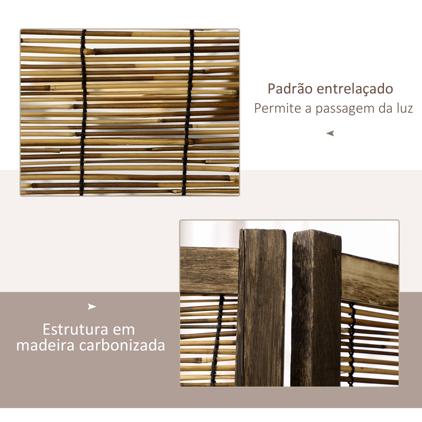 HOMCOM Biombo de 4 Painéis Separador de Ambientes Dobrável 160x1,8x170 cm Divisor de Ambientes de Madeira e Caniço Estilo Rústico para Escritório Dormitório Sala de Estar Madeira