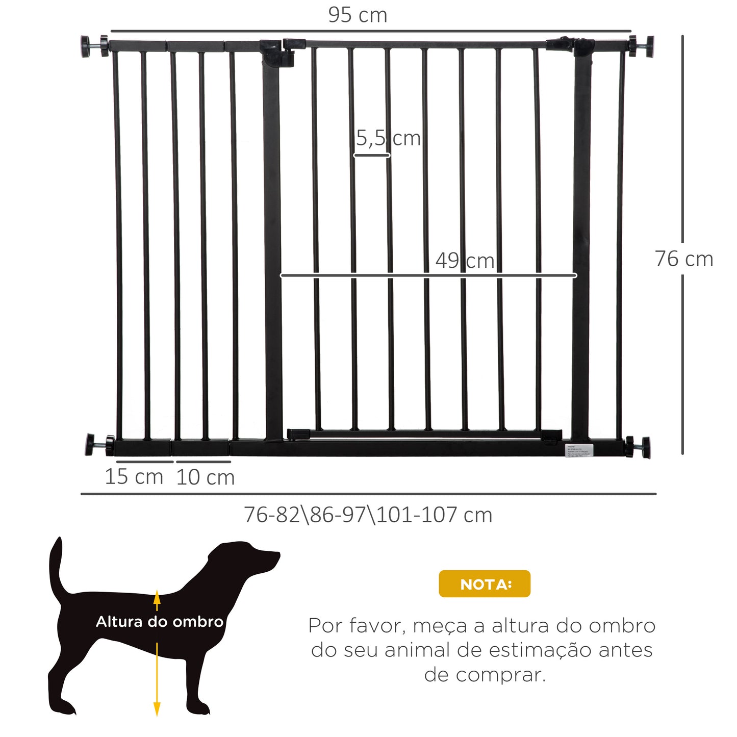 PawHut Barreira de Segurança para Animais de Estimação Extensível para Escadas e Portas Barreira de Segurança para Cães 76-107x76 cm Preto