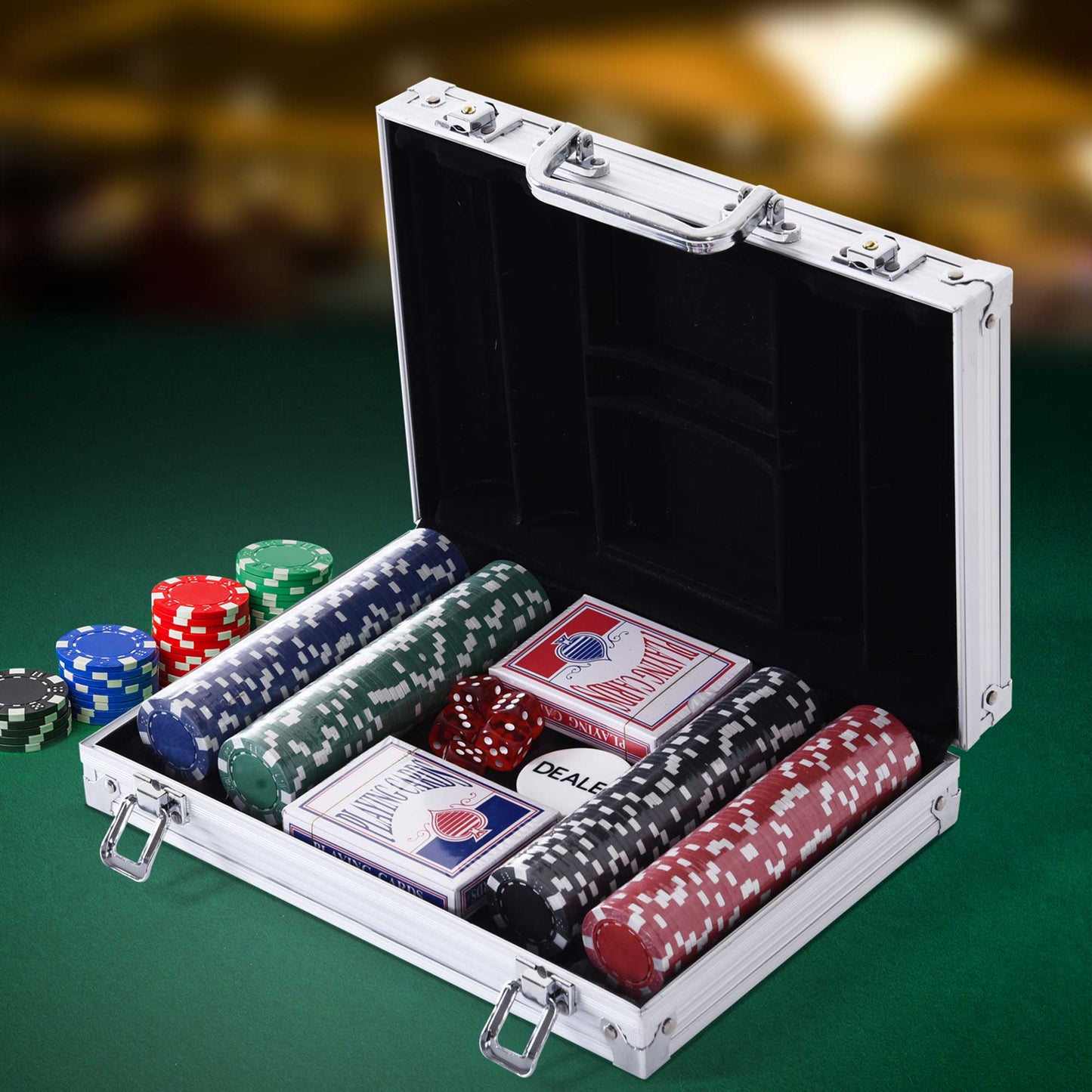 HOMCOM Mala de Poker Profissional com 200 Fichas Jogo de Pôquer Casino com Maleta de Alumínio 5 Dados 2 Baralhos de Cartas e 1 Ficha de Dealer 29,5x20,5x6,5cm Multicor