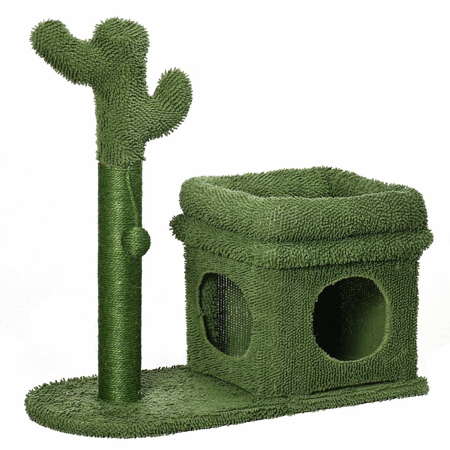 PawHut Árvore Arranhador para Gatos Desenho de Cacto Altura 83cm Torre para Gatos com Cama Casa de Pelúcia Poste de Sisal e Bola Suspensa 68x30x67cm Verde