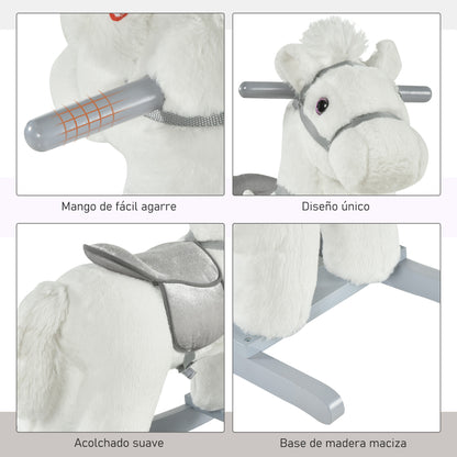 HOMCOM Cavalo Baloiço para Crianças de 18-36 Meses Cavalo de Balançar com Ursinho de Pelúcia Sons de Relinchos e Galopes base de Madeira 65x26x55cm Branco