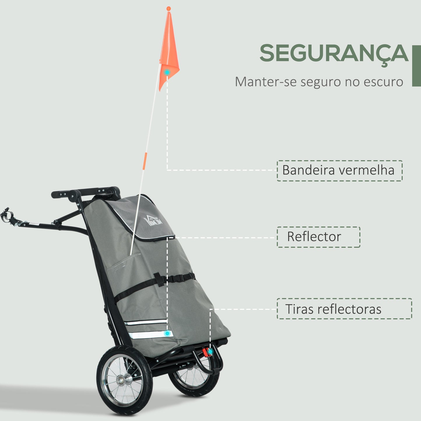 HOMCOM 2 em 1 Reboque de Bicicleta para Carga de 22kg Carrinho de Compras Dobrável com Bandeira Puxador Desmontável 2 Bolsos Laterais Estrutura de Aço e Refletores 53x43x110cm Cinza