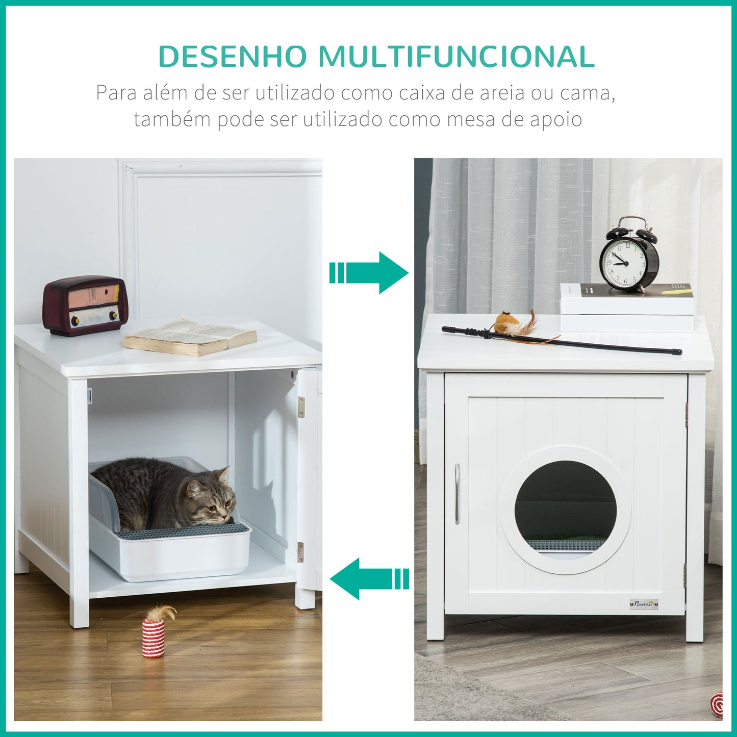 PawHut Casa para Gatos de Madeira Móvel para Caixa de Areia para Gatos 2 em 1 com Armário de Armazenamento Bancada Ampla Porta com Orifício de Entrada 51,5x48,2x51cm Branco