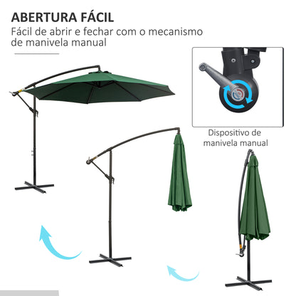 Outsunny Chapéu de Sol de Jardim Ø295x245cm Chapéu de Sol Excêntrico Inclinável com Manivela Base Cruzada Suporte de Aço e Proteção Solar para Terraço Exterior Verde