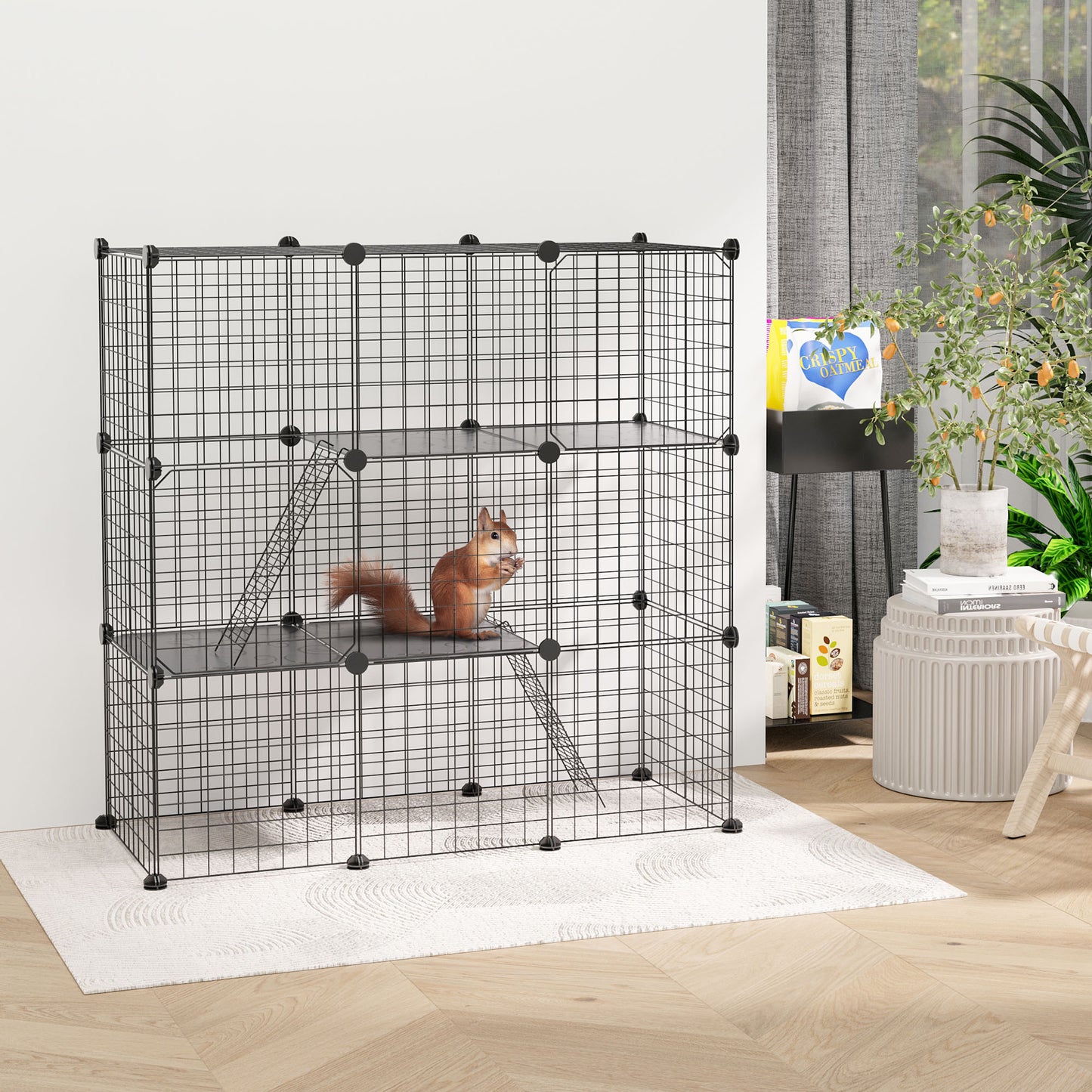 PawHut Recinto para Animais Pequenos com 31 Painéis Recinto para Animais de Estimação Personalizável com Rampa Portas para Cobaias Coelhos Chinchilas 105x45x105 cm Preto