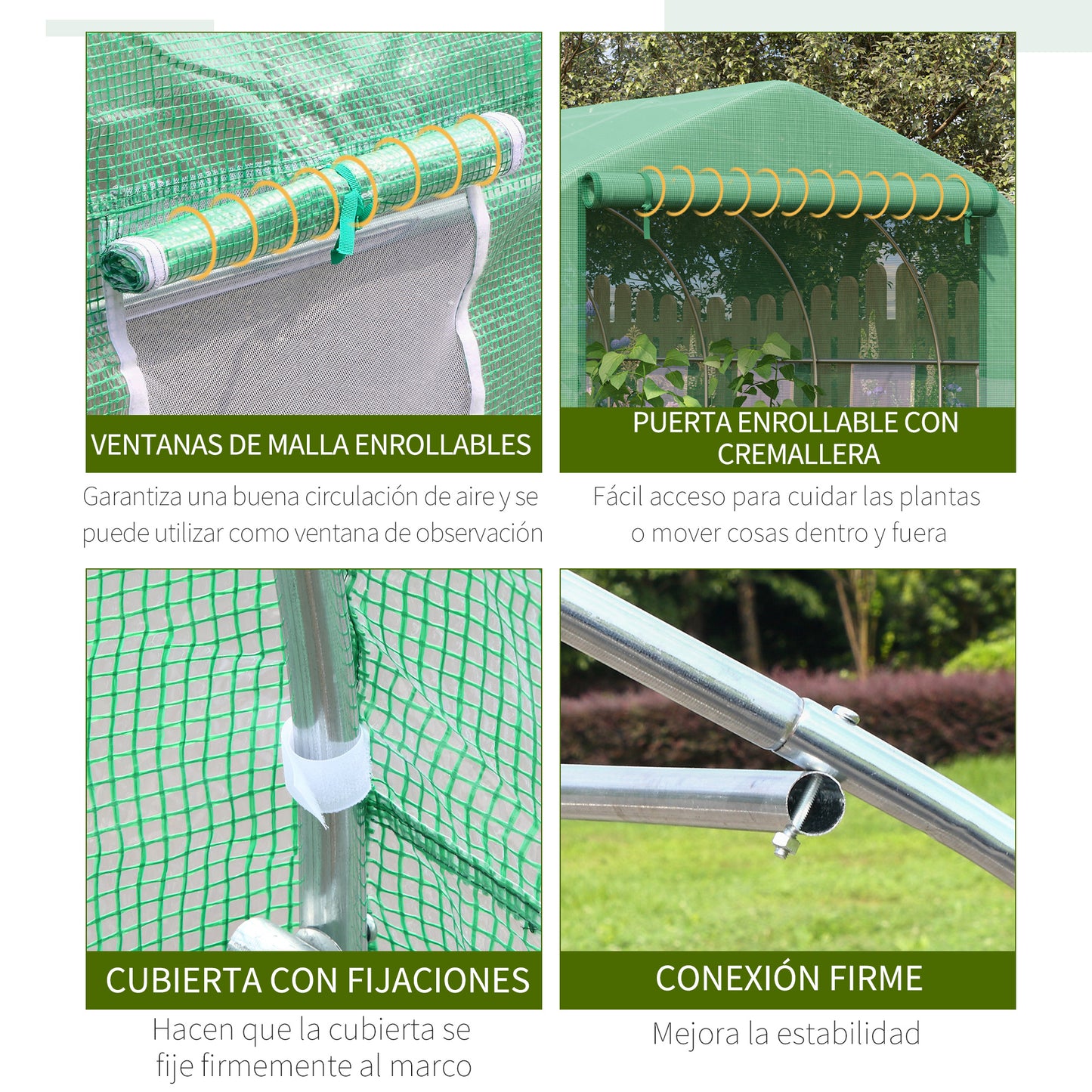 Estufa de Túnel 3,5x3x2m Estufa de Jardim com Porta e 6 Janelas Enroláveis de Polietileno Metal Galvanizado para Cultivos de Plantas Flores Verde